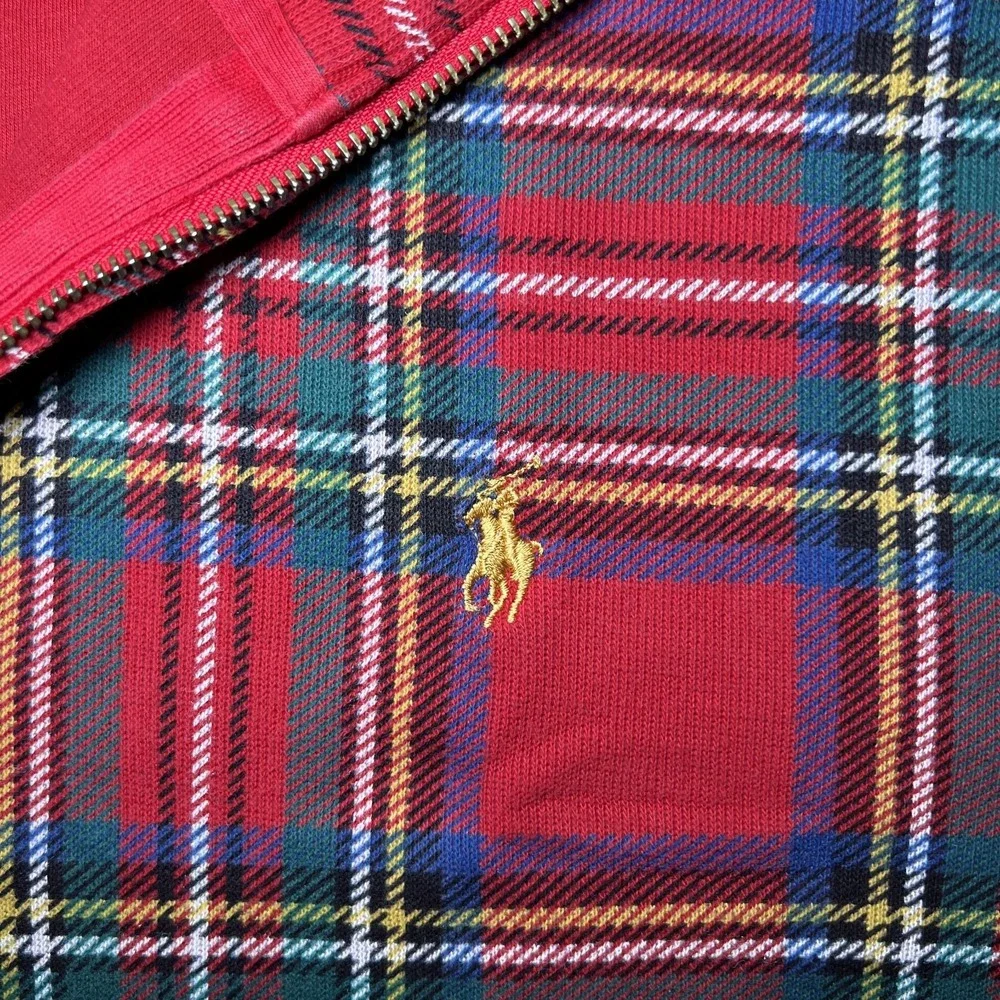 Polo Ralph Lauren Estate Rib Quarter-Zip Madras Plaid Pullover Sweater Men XL
